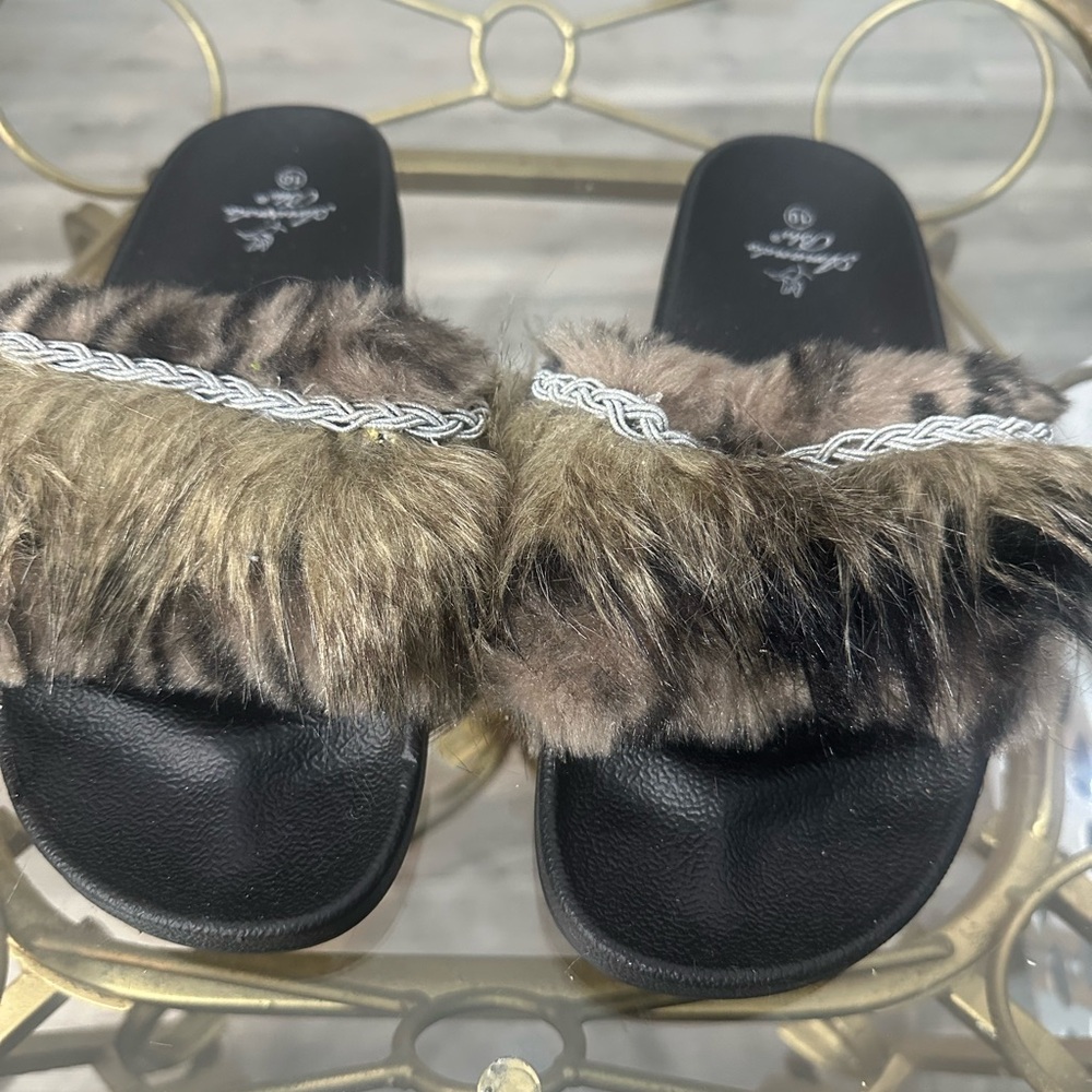 Faux Fur Slide Sandals with Braided Trim - Black & Brown